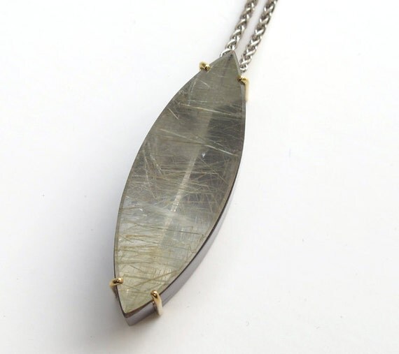 Green Quartz Marquis Talisman Pendant no.14 Oxidized Silver 18k