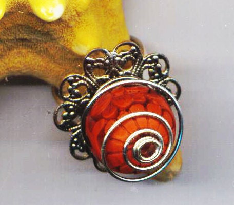Easter Egg . Adjustable Statement Ring . Red Cocktail Ring . Silver Plated Filigree . Carved Bead - Red Cinnabar by enchantedbeads on Etsy