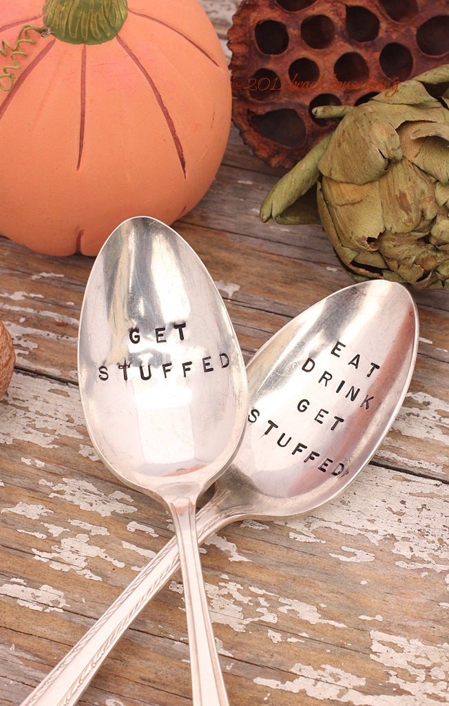 Get Stuffed Spoon Thanksgiving  Silverware Hand Stamped by Beach House Living