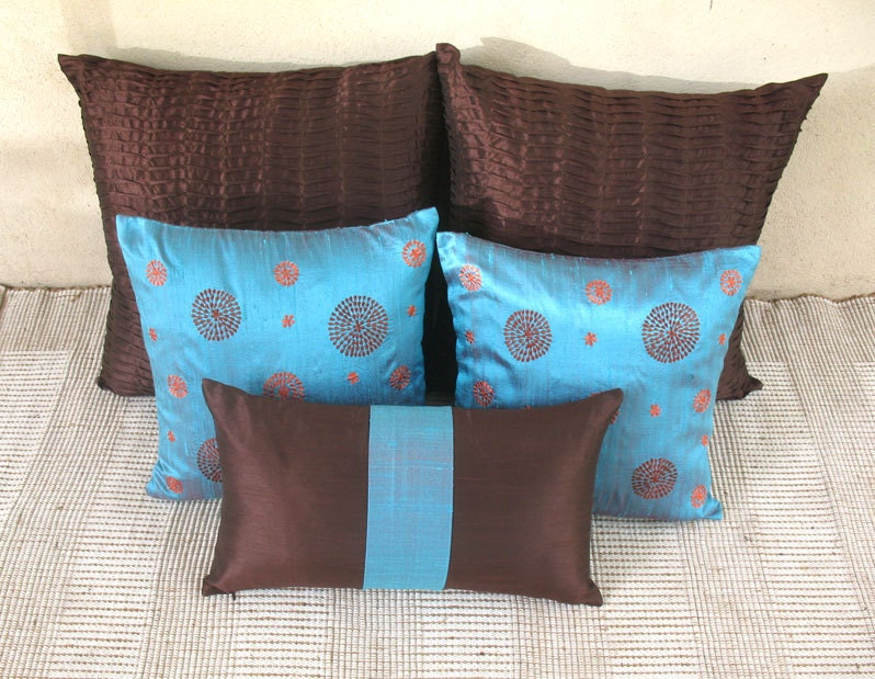 Blue throw pillow 16 inch with brown and orange circles decorative cushion cover