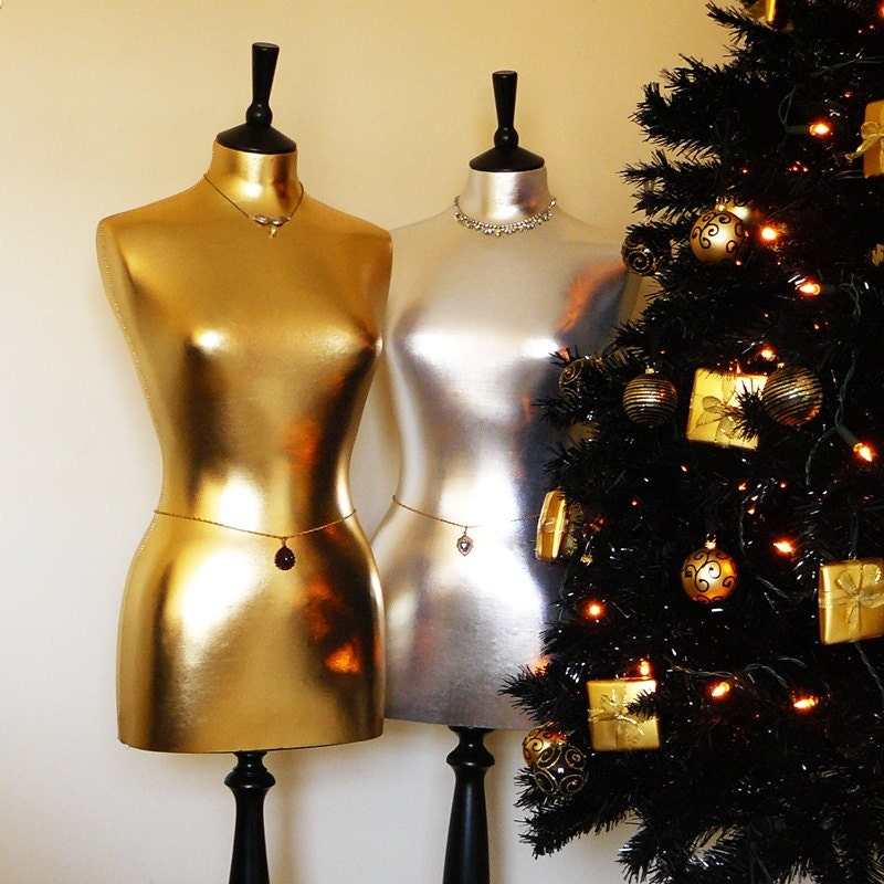 Merry Christmas Display Mannequin Bust Form - Silver & Gold Metallic