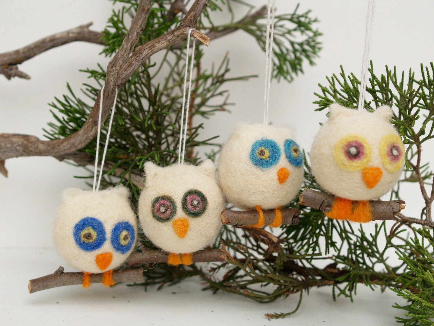Owl Christmas Ornament Wool Needle Felt Decorations Woodland Tree Waldorf Cute Bird Fairytale Baby Nursery Home Decor Blue White Greenteamt