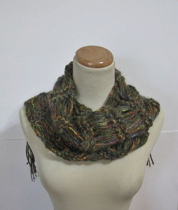 Olive Green Metallic Hand Knit Scarf
