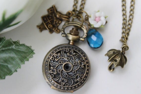 Alice in Wonderland - Filigree Flower Pocket Watch Necklace with Bunny and Umbrella Charm