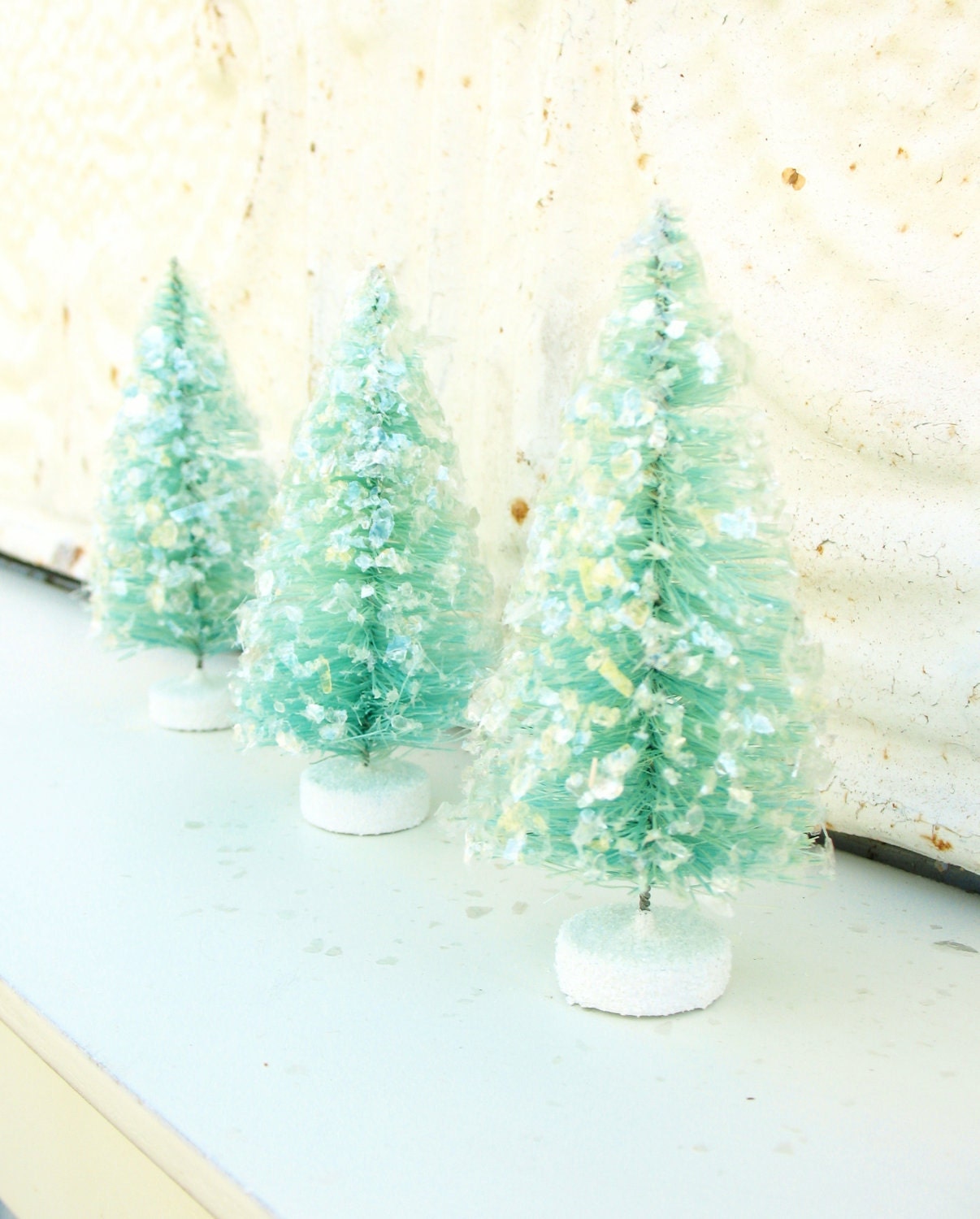 FREE SHIPPING . three glittered bottlebrush trees in aqua . 'seaglass' . medium . 3 1/2 inches tall . for the shabby chic cottage