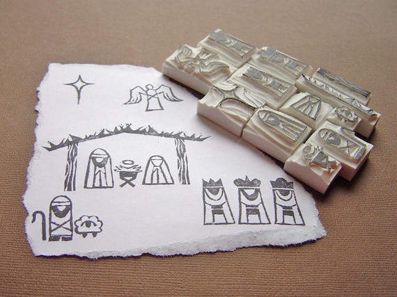 NEW DESIGN - full nativity including FREE stable, a twleve-piece set - hand carved stamps