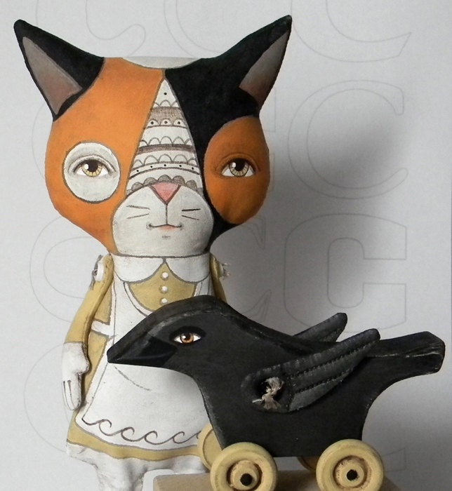 Calico Cat and Crow-- Original Contemporary Folk Art Doll Set-- Made to order within a week