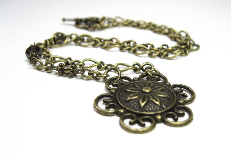 Smoky Quartz Swarovski Antiqued Bronze Metal Vintage Style Necklace