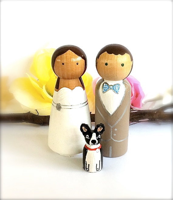Personalized Wedding Cake Toppers with Pet Natural Wood Peg Dolls Custom 