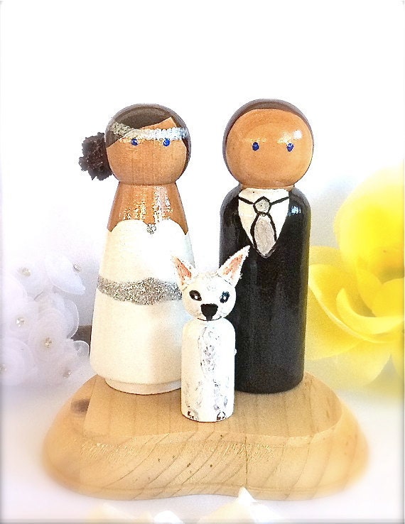 Custom Wood Wedding Cake Toppers with Pet Bride Groom Cat Dog Large Peg 