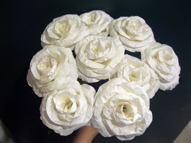 12 LARGE 2.5"  White Origami Crept Paper Flowers Roses Wedding Bridal Party Decoration Bouquet
