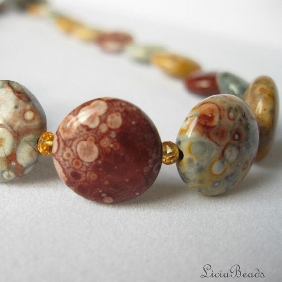 Business casual gemstone necklace in Mexican Sky Eye Jasper and mandarin garnet spacers
