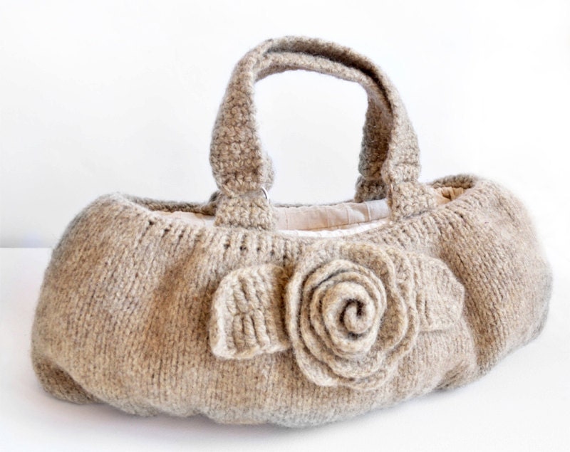 Natural Beige Wool Felted Knit Handbag