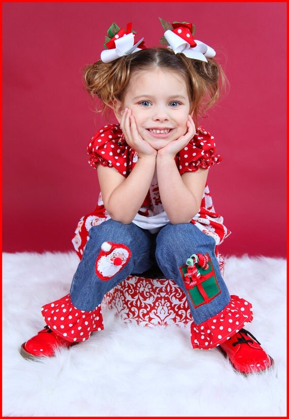 Boutique Hand-Smocked Santa Dress & Applique Jeans Set-christmas, applique, santa, outfit, jeans, boutique, custom, dress, holiday