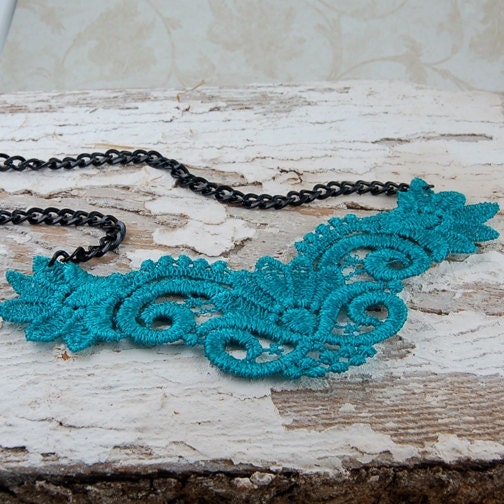 Vintage Venice Lace Teal Necklace Wedding Jewelry Bridesmaid Gift 