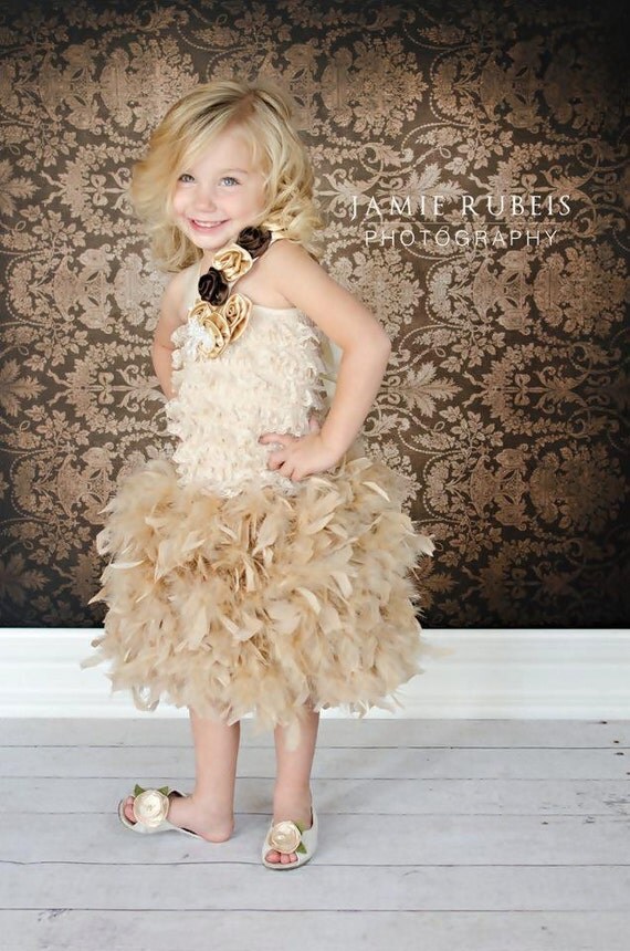 Luxurious Champagne Rosette Feather Dress-feather, dress, vintage, couture, chandelle, rosette, crochet
