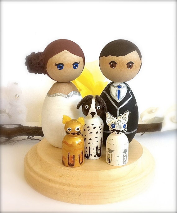 Wedding Cake Toppers Custom Bride Groom with 3 Pets Cat Dog Wood Peg 