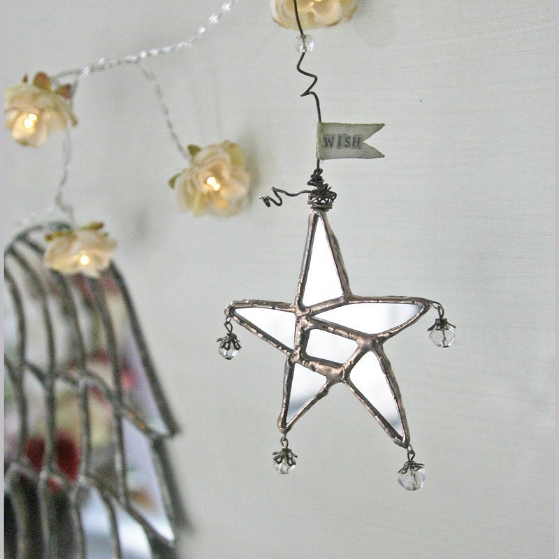 Wish Upon a Star - mirror glass, antique glass beads, wire and paper hanging star