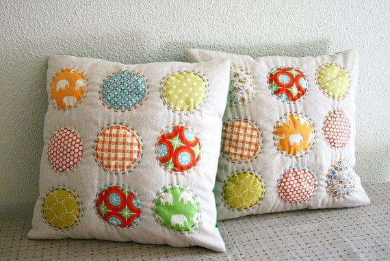 Circles Hand Stitched on Linen Pillow Cover