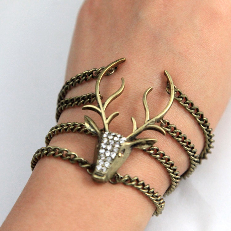 Steampunk whole diamond Moose elk deer antlers chain bracelet