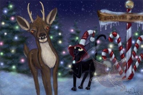 Winter Christmas Holiday fantasy black cat art print