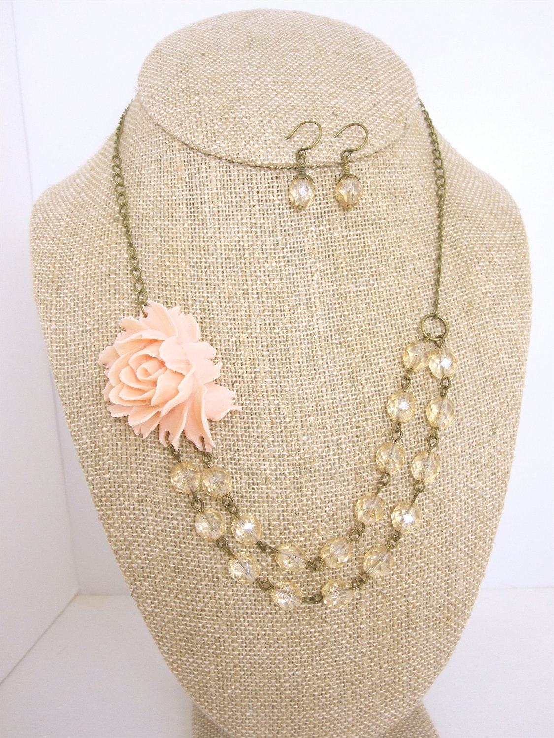 Pastel Pink Rose Flower Necklace with Champagne Glass Beads and Matching Earrings