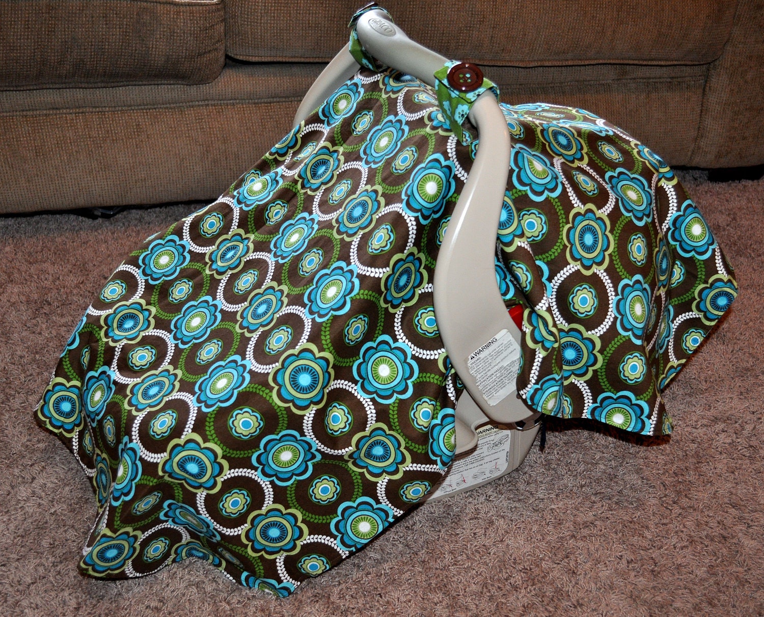 Retro Flowers in Blue, Brown & Green Reversible Infant Carseat Cover Tent Canopy - READY TO SHIP
