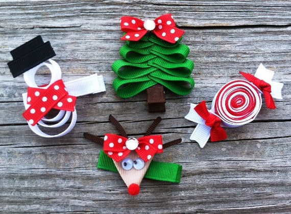 Set of 4.. Christmas Sculpture Hair Clip Set - Holiday Christmas Tree, Reindeer, Snowman, and Peppermint Candy - Free Shipping Promo