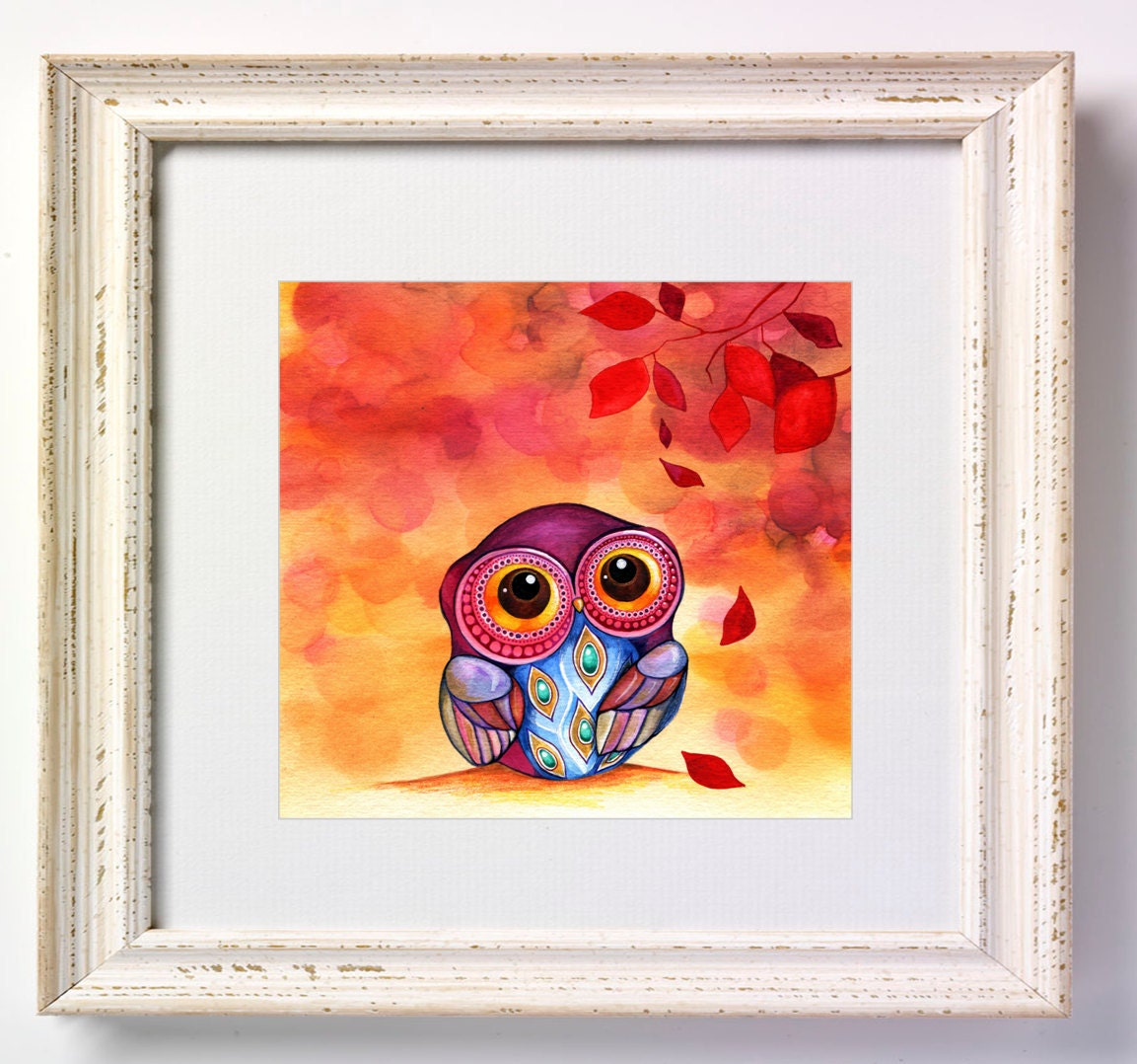ORIGINAL Painting - Owls First Fall Leaves - by Annya Kai - Colorful Whimsical Animal Bird Artwork