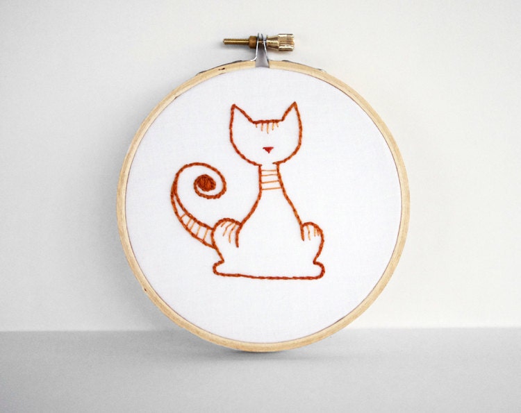Orange Tabby Cat with a Curled Tail and a Tiny Nose - 4 inch Embroidery Hoop Art