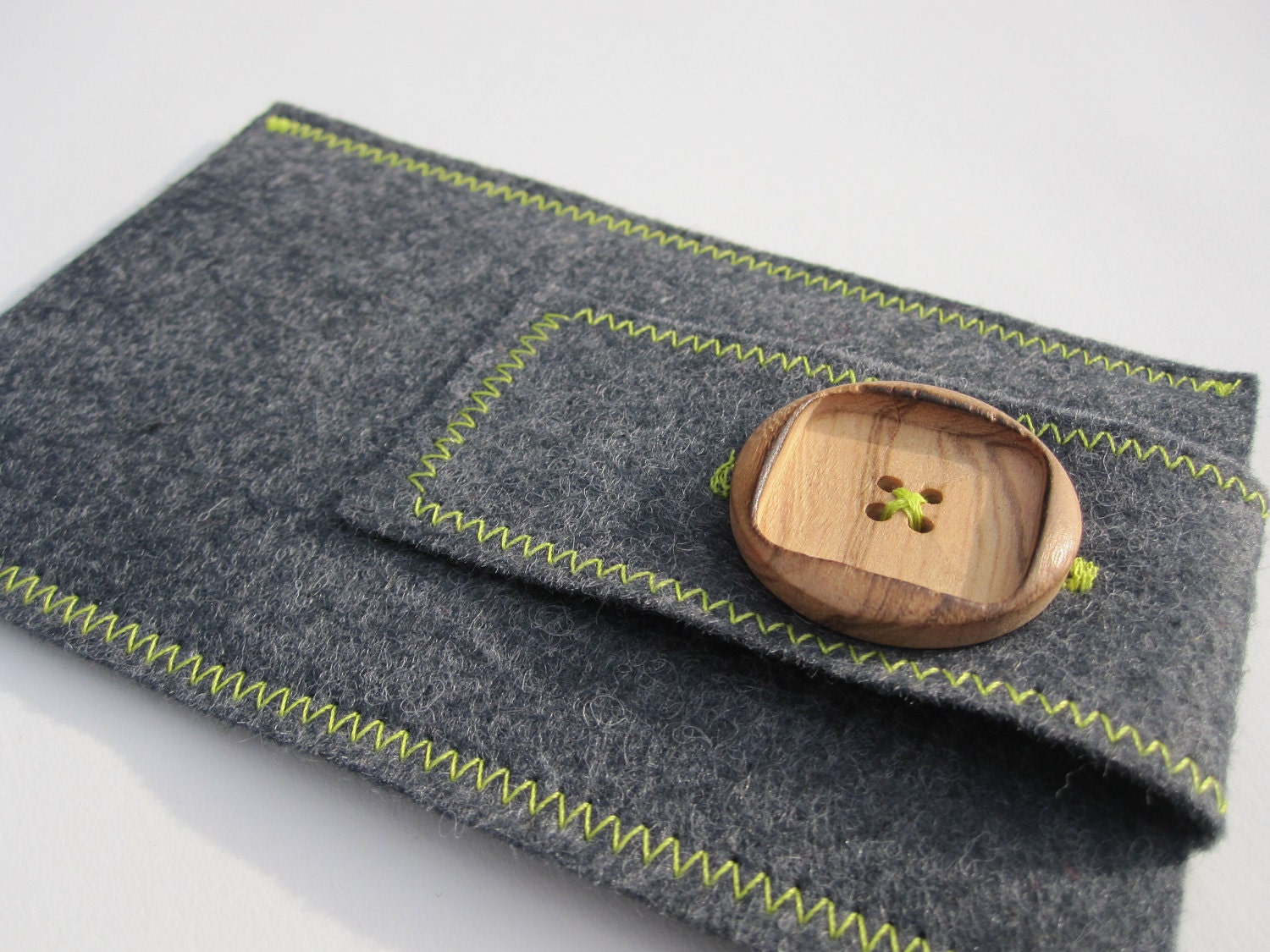 Grey Wool Felt iPhone Case / iPod Touch Case with Earphone Pocket - Lime Green Accents & Wood Button