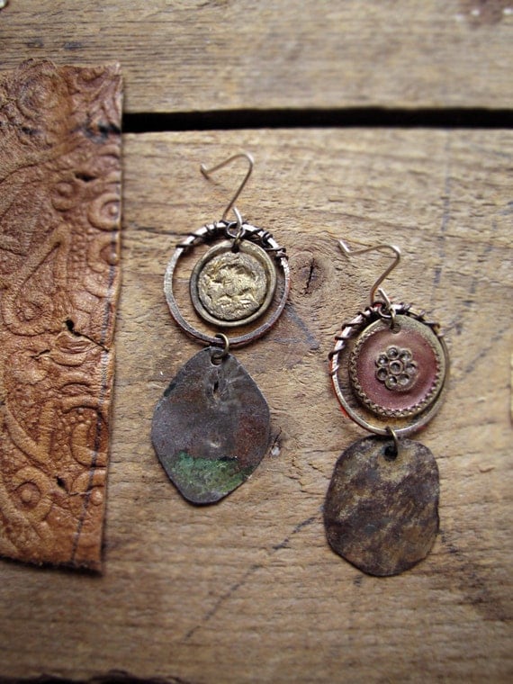 Universal - rustic mismatched earrings - hammered metal - reclaimed vintage - antique buttons - organic jewelry