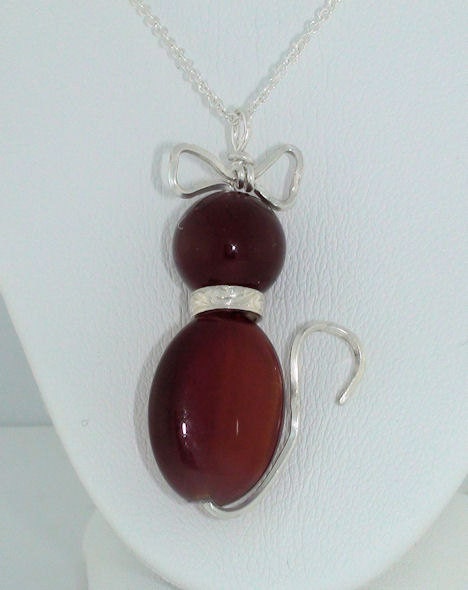 Carnelian Bead Kitty Cat Kitten Pendant Necklace Sterling Silver