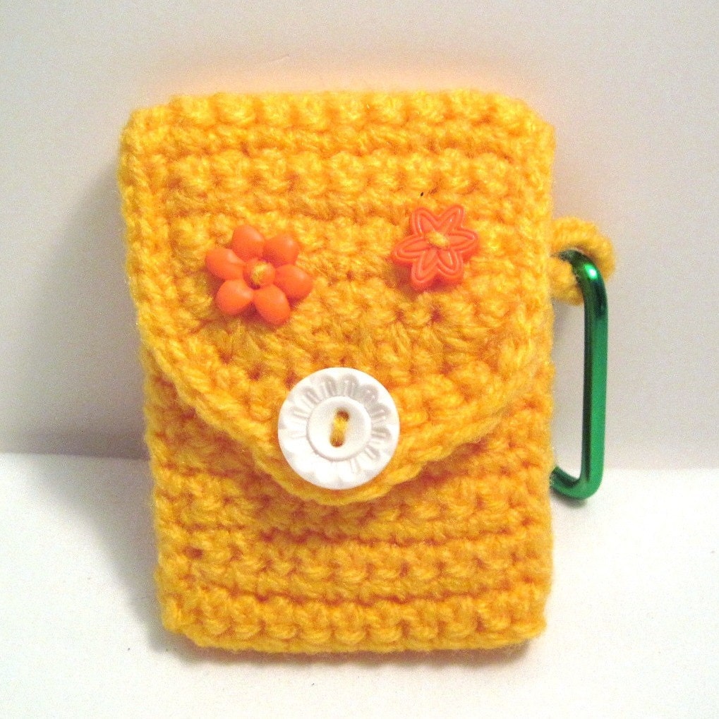 Business Card Case Handmade Crochet Yellow with Carabineer Christmas Gift
