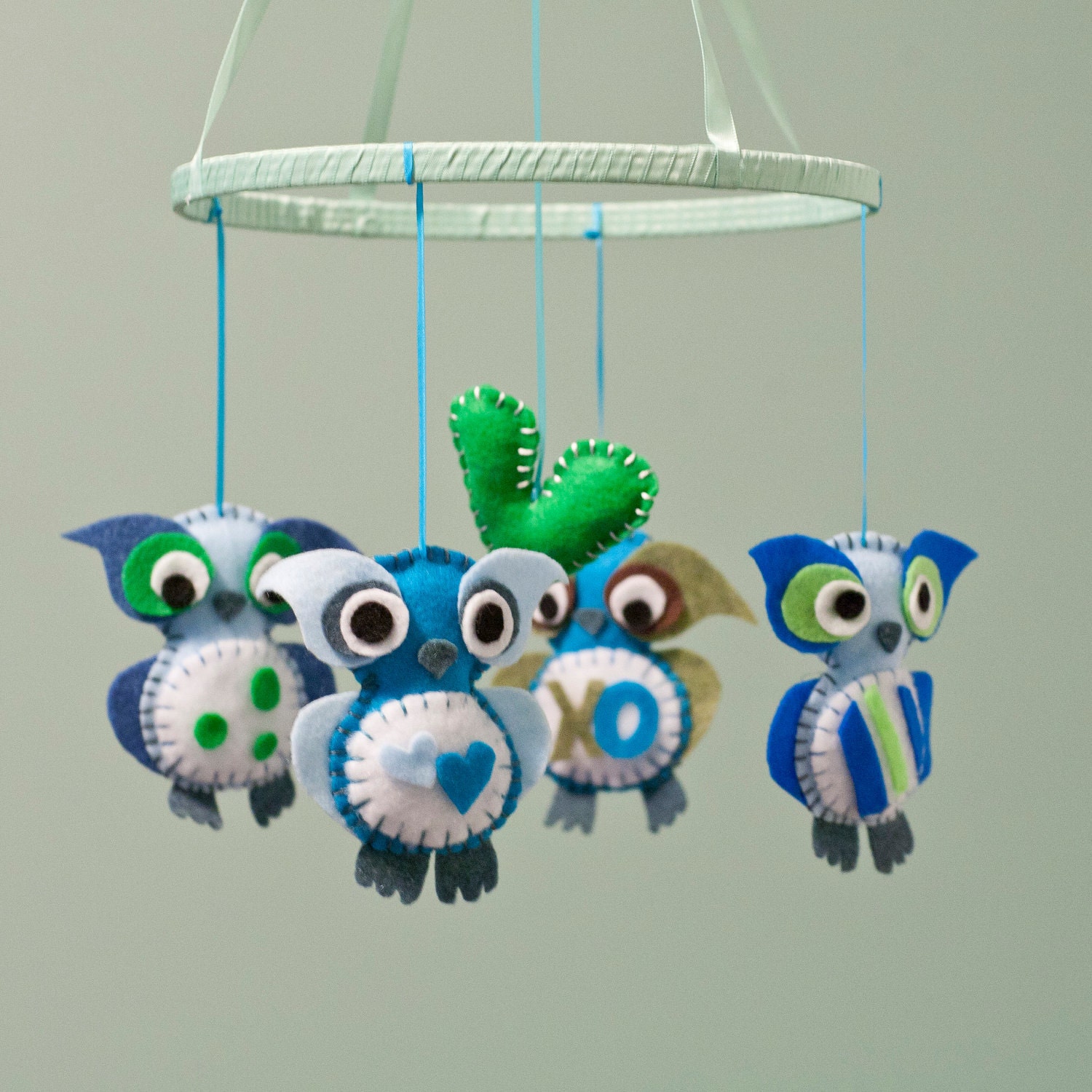 Blue and Green Baby Owl Mobile