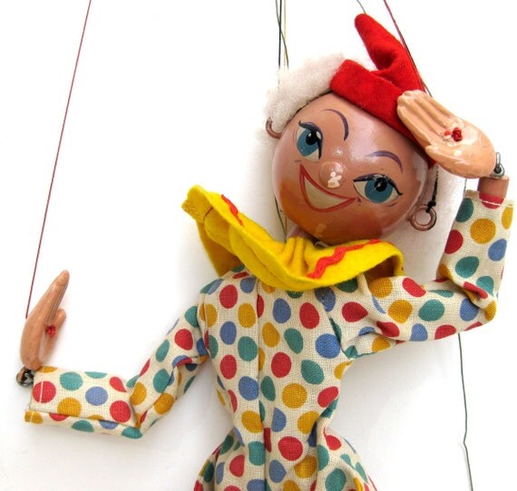 Vintage 50s Pelham Puppet Clown Harlequin - Cute Wooden Marionette Jointed Wood Doll Colorful Bright British English Christmas Toy Smile