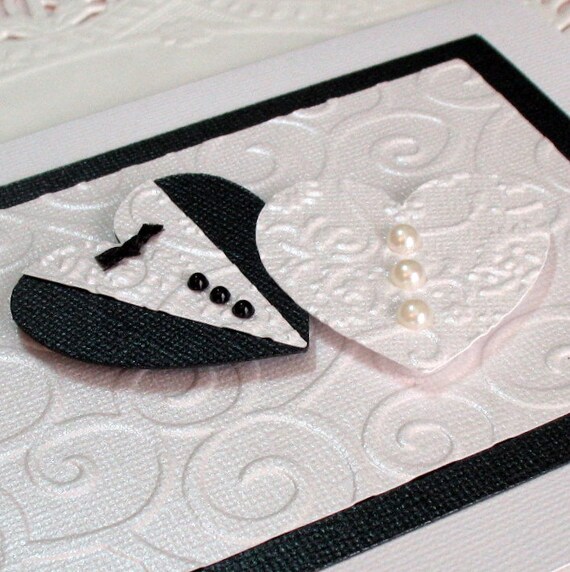 Wedding Shower Anniversary Card  - Embossed Bride and Groom Hearts