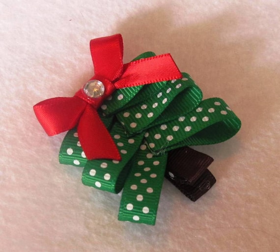 Evergreen and White Dots Christmas Tree Hair Clip with Red Bow