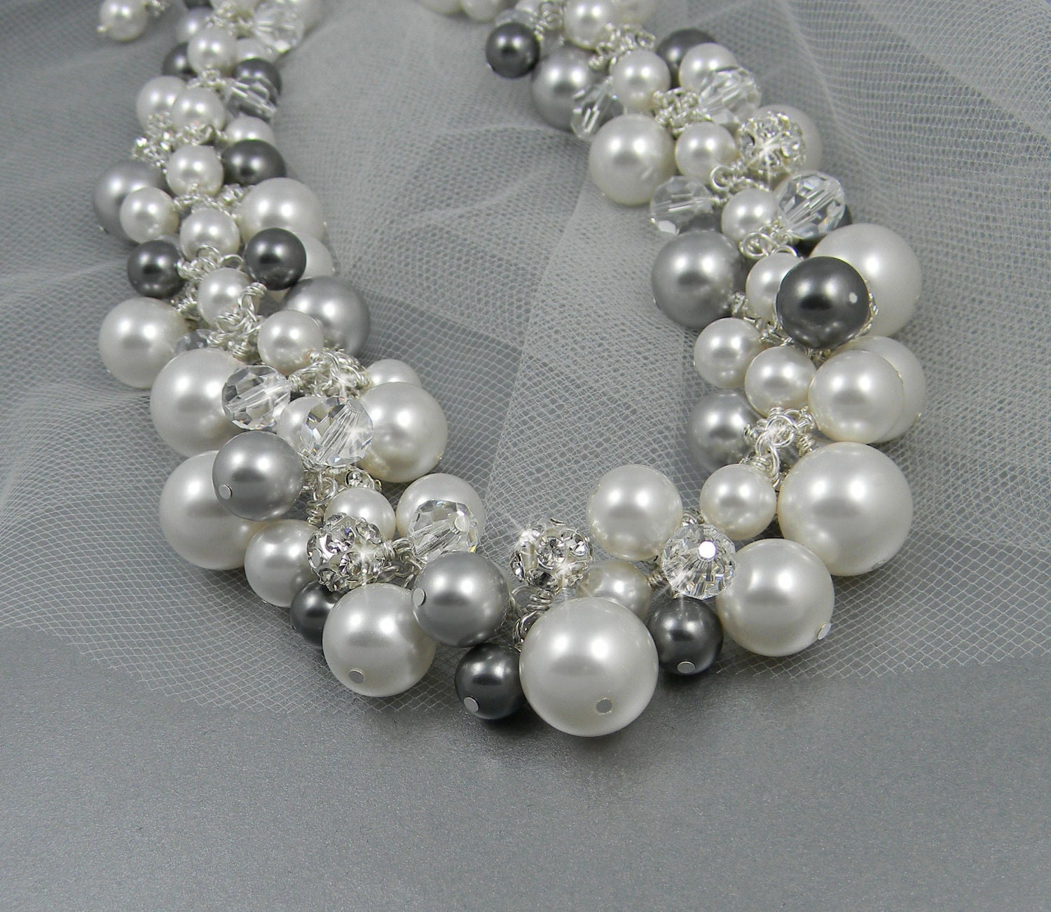 Chunky bridal Necklace Silver black dark gray Pearl necklace 
