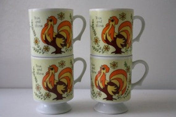Set of 4 Vintage Coffee Mugs - Rise and Shine Rooster