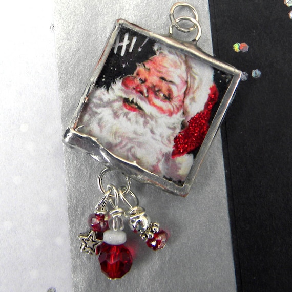Santa Claus Necklace -  BELIEVE - Soldered Vintage Santa With Festive Red Beads