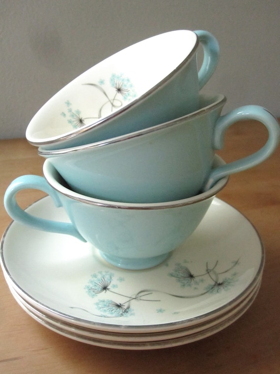 Set of 3 Taylor Smith and Taylor Blue Lace Teacups and Saucers