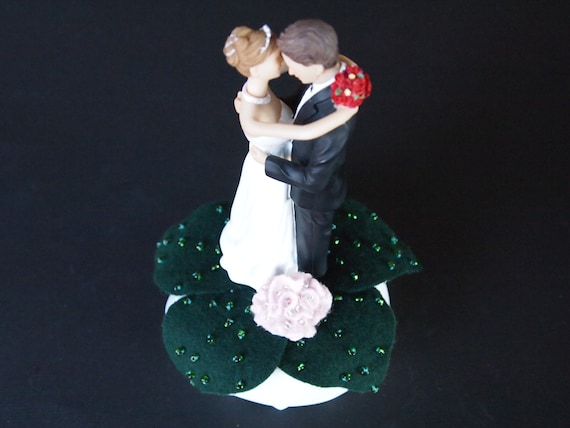 Wedding Cake Topper White Pink Rose Flower Leaves Bride Groom