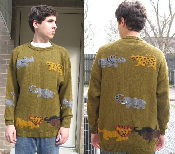African Safari Animal Parade-- Thick Olive Green Wool Pullover Sweater, Handmade in Botswana, Africa // Medium to Large