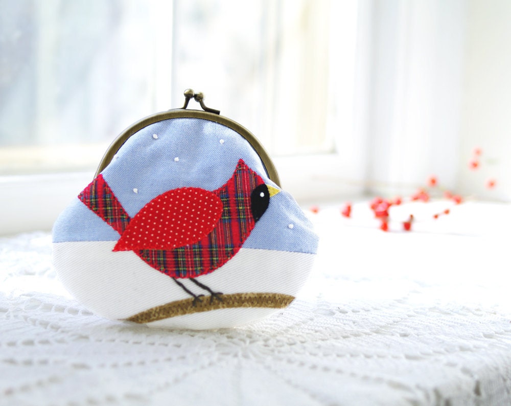 Christmas Cardinal Purse: Handmade Applique Cardinal Coin Purse- Holiday Gift For Her- Red Tartan, Blue, White- Winter Birdwatching
