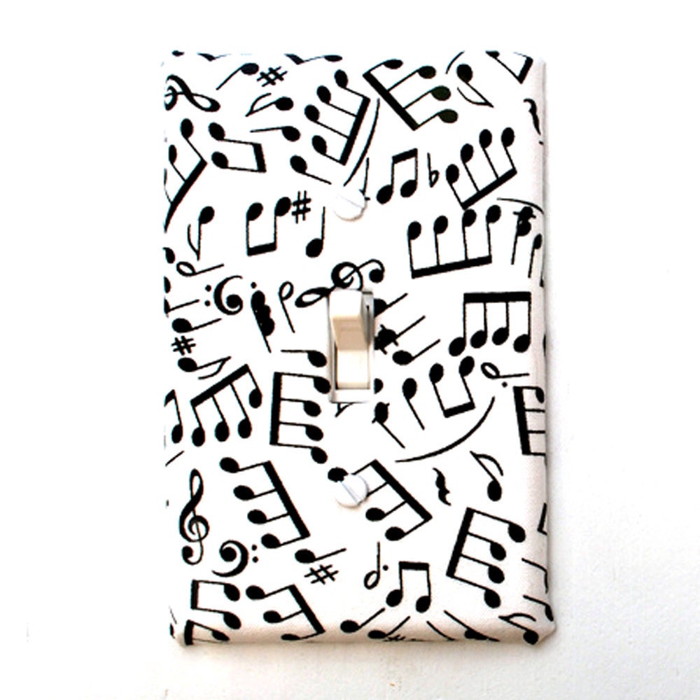 Light Switch Plate Cover, wall decor - white with black music notes, musical, instrumental, key, harmony, simple