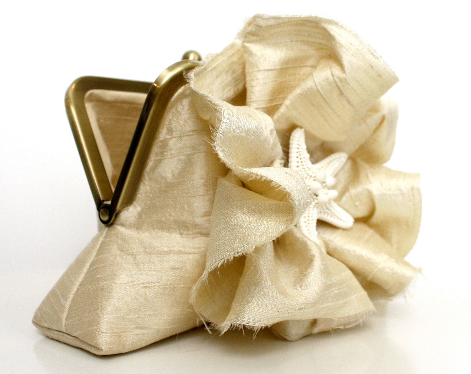 Ivory Bridal Clutch Beach Wedding with Ruffle Flower and Starfish Antique