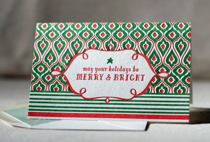 Letterpress Holiday Cards - Merry. Bamboo paper, patterned envelopes, set of 6 cards. 4G1T