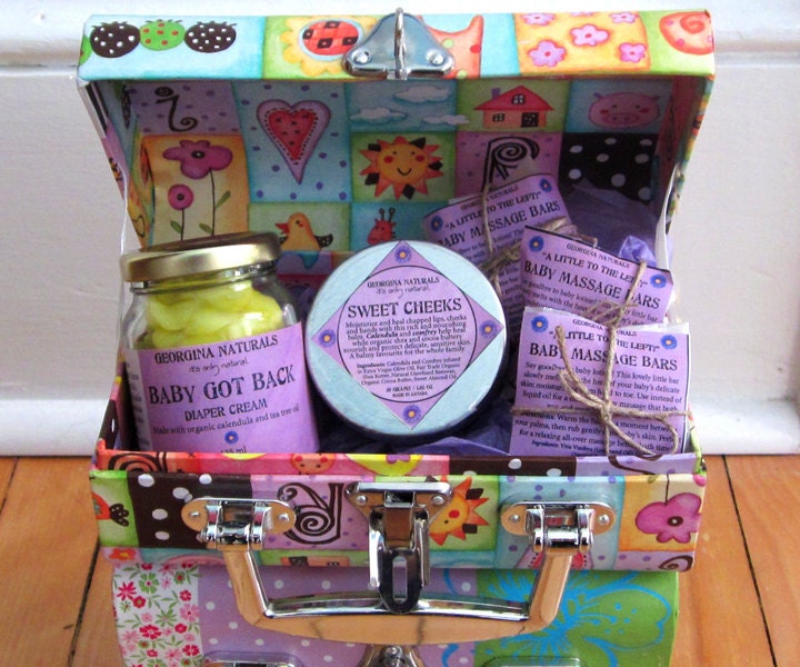 Baby Gift Set with Mini Suitcase: Diaper Cream, Lip and Cheek Balm and Baby Massage Bars