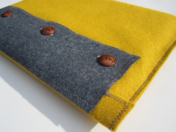 Yellow & Grey Wool Felt iPad Case with Vintage Brown Buttons